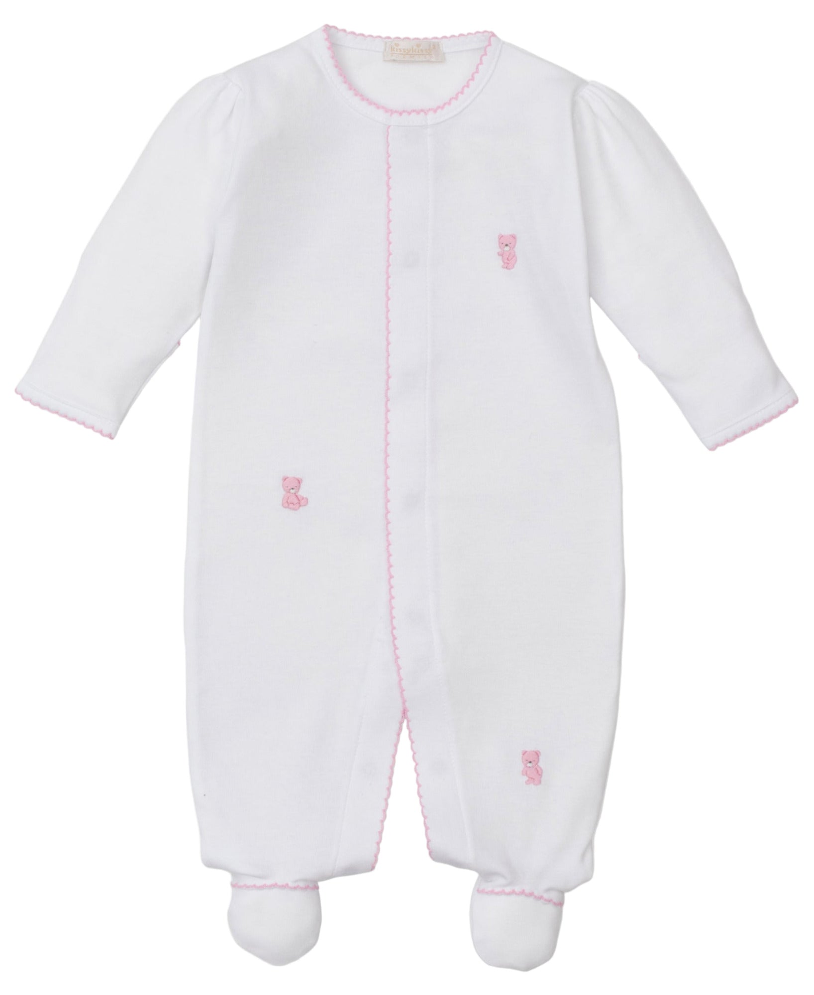 The Kissy Kissy Baby Teddy Bear Time Footie with Hand Emb. is made from white Pima cotton, featuring long sleeves, pink trim, and hand-embroidered teddy bears on the chest, leg, and foot.