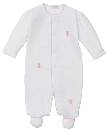 The Kissy Kissy Baby Teddy Bear Time Footie with Hand Emb. is made from white Pima cotton, featuring long sleeves, pink trim, and hand-embroidered teddy bears on the chest, leg, and foot.