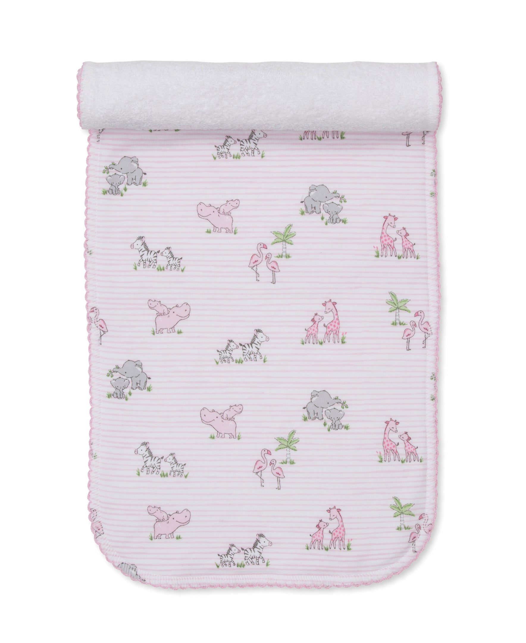 The Kissy Kissy Safari Party Burp Cloth is made from soft Pima cotton and features a charming animal print with zebras, hippos, and flamingos on a white background with pink stripes. It's perfectly versatile to use as a cozy wrap or gentle burp cloth for your baby.