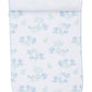 The Kissy Kissy Baby Forest Fun Burp Cloth, crafted from luxurious Pima cotton, features a white background adorned with charming blue and green cartoon animals and trees.