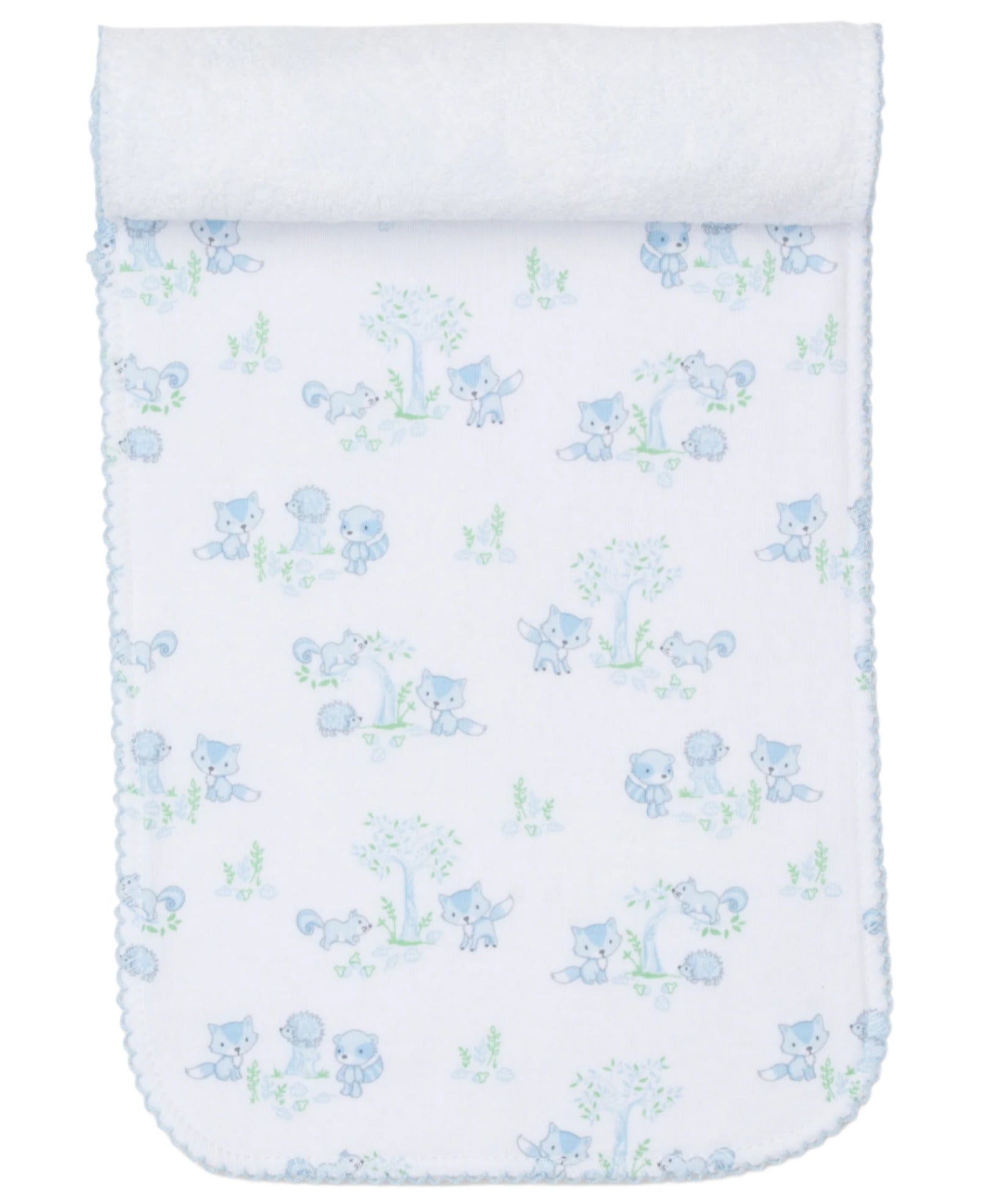 The Kissy Kissy Baby Forest Fun Burp Cloth, crafted from luxurious Pima cotton, features a white background adorned with charming blue and green cartoon animals and trees.