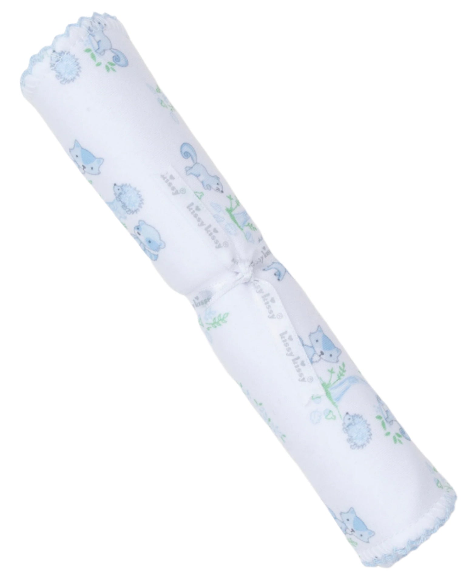 The Baby Forest Fun Burp Cloth by Kissy Kissy is a white cylindrical bolster pillow made of luxurious Pima cotton, featuring a whimsical pattern of blue cats and grey flowers. Perfect for adding a playful touch to any nursery.