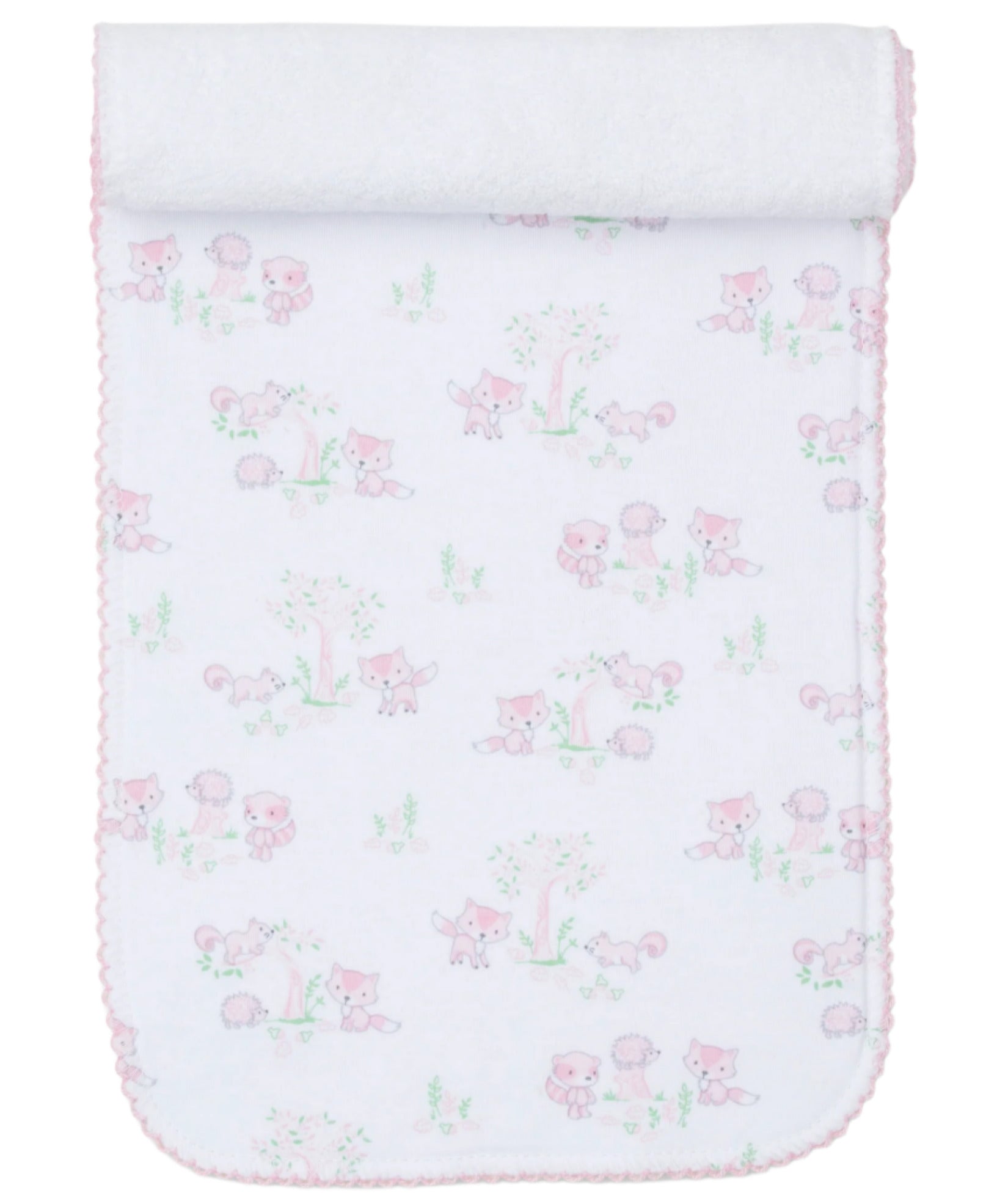 Discover the Baby Forest Fun Burp Cloth by Kissy Kissy, made from luxurious Pima cotton. It boasts charming pink fox and hedgehog designs on a crisp white backdrop with an elegant rolled top edge, offering both comfort and style for your little one's nursery.