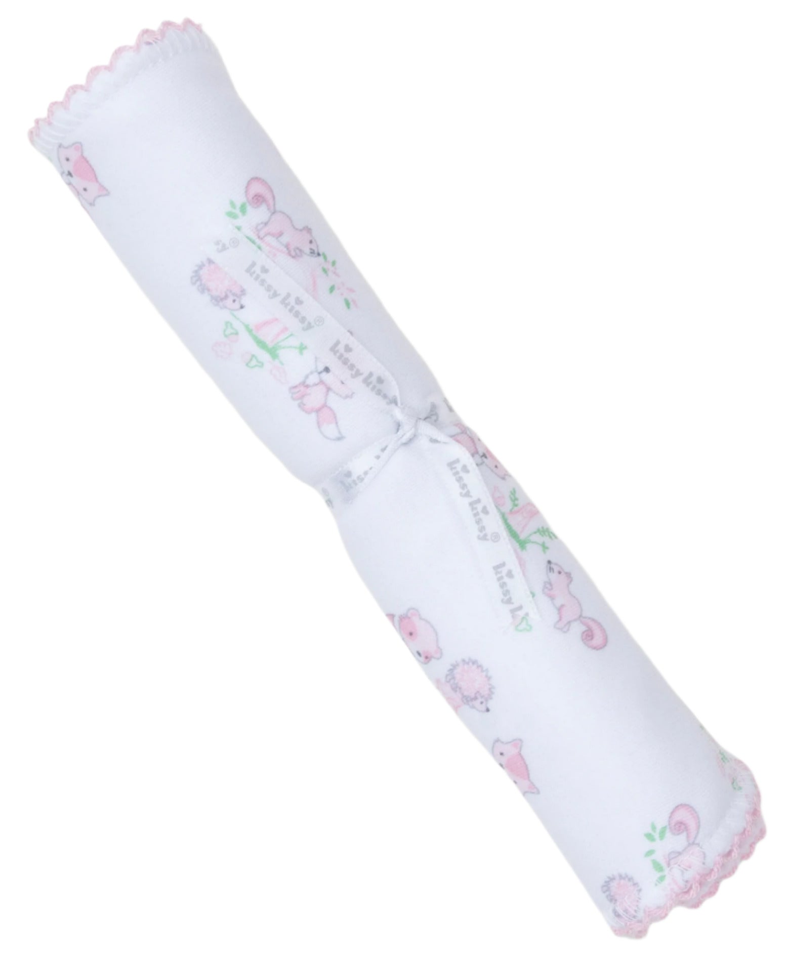 The Baby Forest Fun Burp Cloth by Kissy Kissy is a rolled white Pima cotton cloth with pink trim, featuring cartoon animals and the phrase "Lazy & Happy.