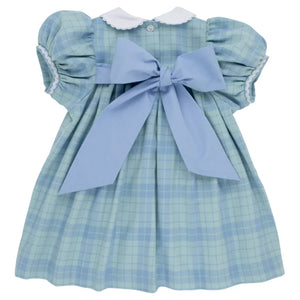 Light blue Audubon Park Plaid Baby Girls’ and Girls’ Mary Dal Dress by The Beaufort Bonnet Company, featuring short puffed sleeves, a white scalloped collar, and a large blue bow tied at the back—perfect for any special occasion.