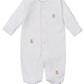 The Kissy Kissy Baby Teddy Bear Time Footie with Hand Emb. is a soft Pima cotton white onesie with long sleeves, feet, hand embroidery of teddy bears, and beige stitched edges.