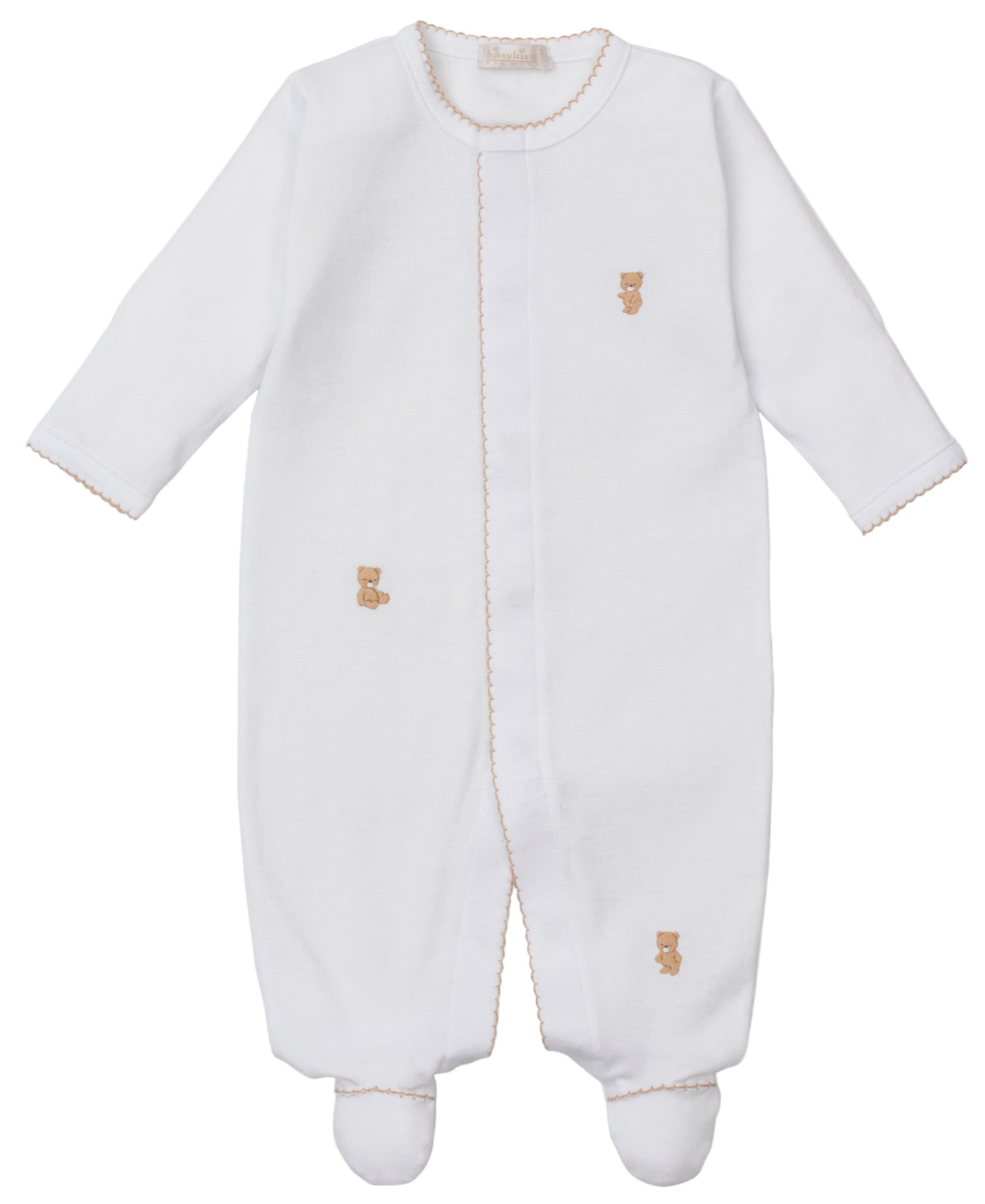 The Kissy Kissy Baby Teddy Bear Time Footie with Hand Emb. is a soft Pima cotton white onesie with long sleeves, feet, hand embroidery of teddy bears, and beige stitched edges.