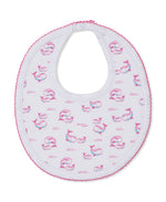 Kissy Kissy’s Whale Pods Bib features a charming pink trim and an adorable pattern of pink and blue mermaids with tiny pink waves. Crafted from the softest Pima cotton for ultimate comfort, this bib also offers a convenient snap closure at the neck.