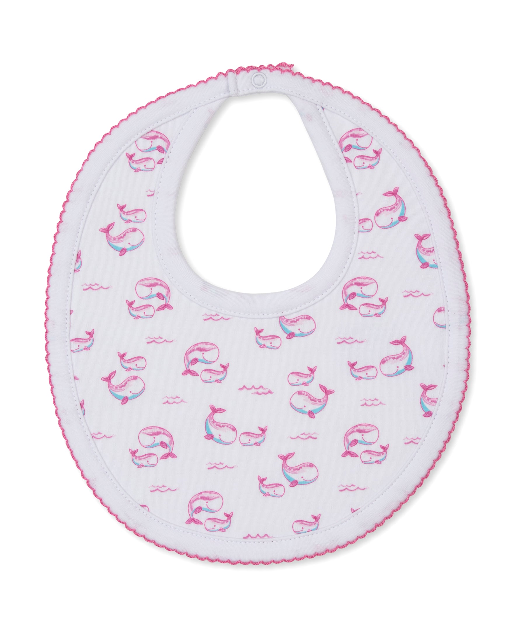 Kissy Kissy’s Whale Pods Bib features a charming pink trim and an adorable pattern of pink and blue mermaids with tiny pink waves. Crafted from the softest Pima cotton for ultimate comfort, this bib also offers a convenient snap closure at the neck.