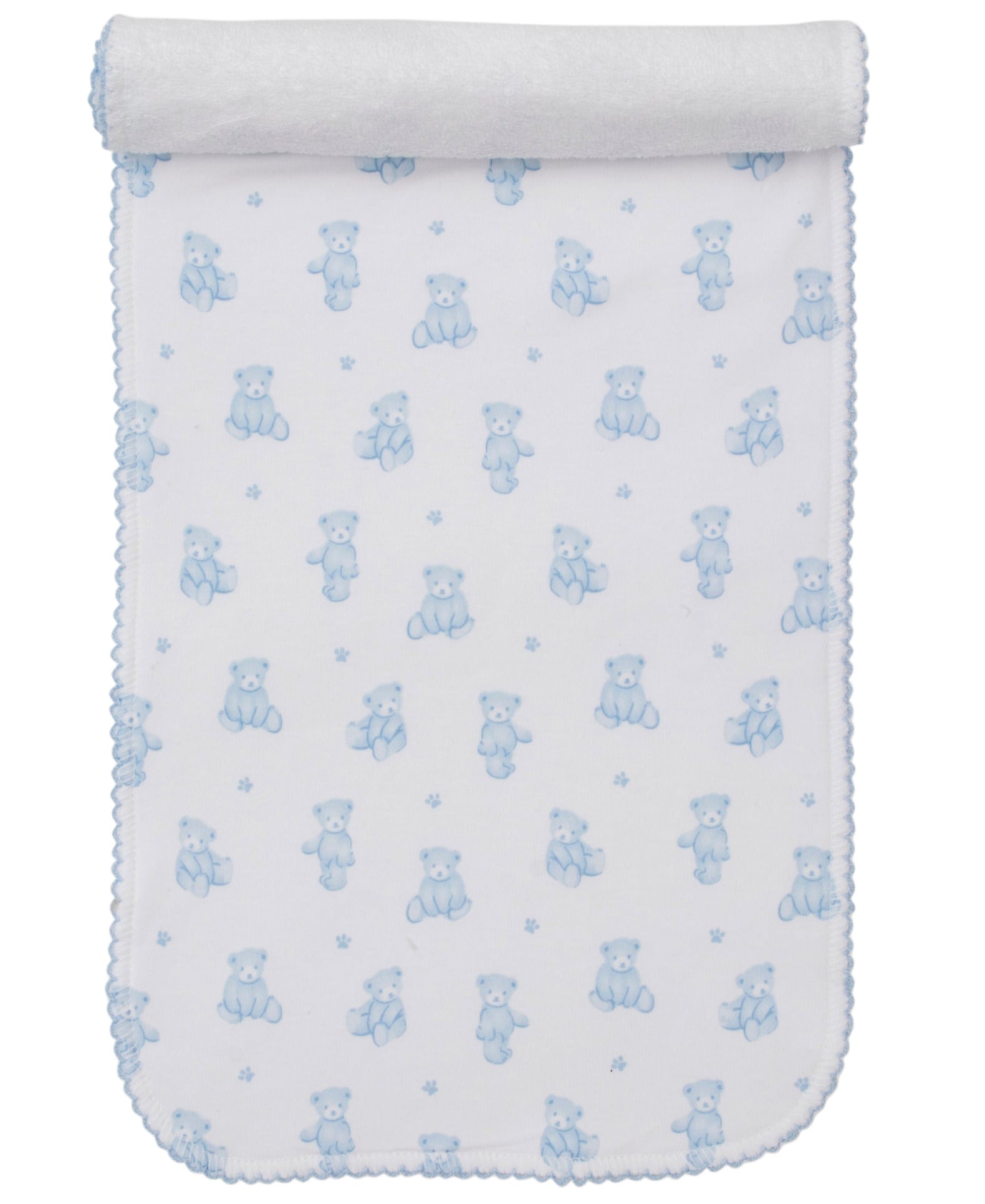 The Kissy Kissy Teddy Bear Time Burp Cloth is made of white Pima cotton, features small blue teddy bears and blue edging, and comes rolled at the top.