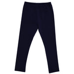 A pair of plain navy blue Baby Girls’ and Girls’ Mitzy Sue Slacks from The Beaufort Bonnet Company, featuring an elastic waistband and laid flat against a white background—an essential wardrobe staple.