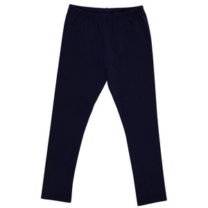 A pair of plain navy blue Baby Girls’ and Girls’ Mitzy Sue Slacks from The Beaufort Bonnet Company, featuring an elastic waistband and laid flat against a white background—an essential wardrobe staple.