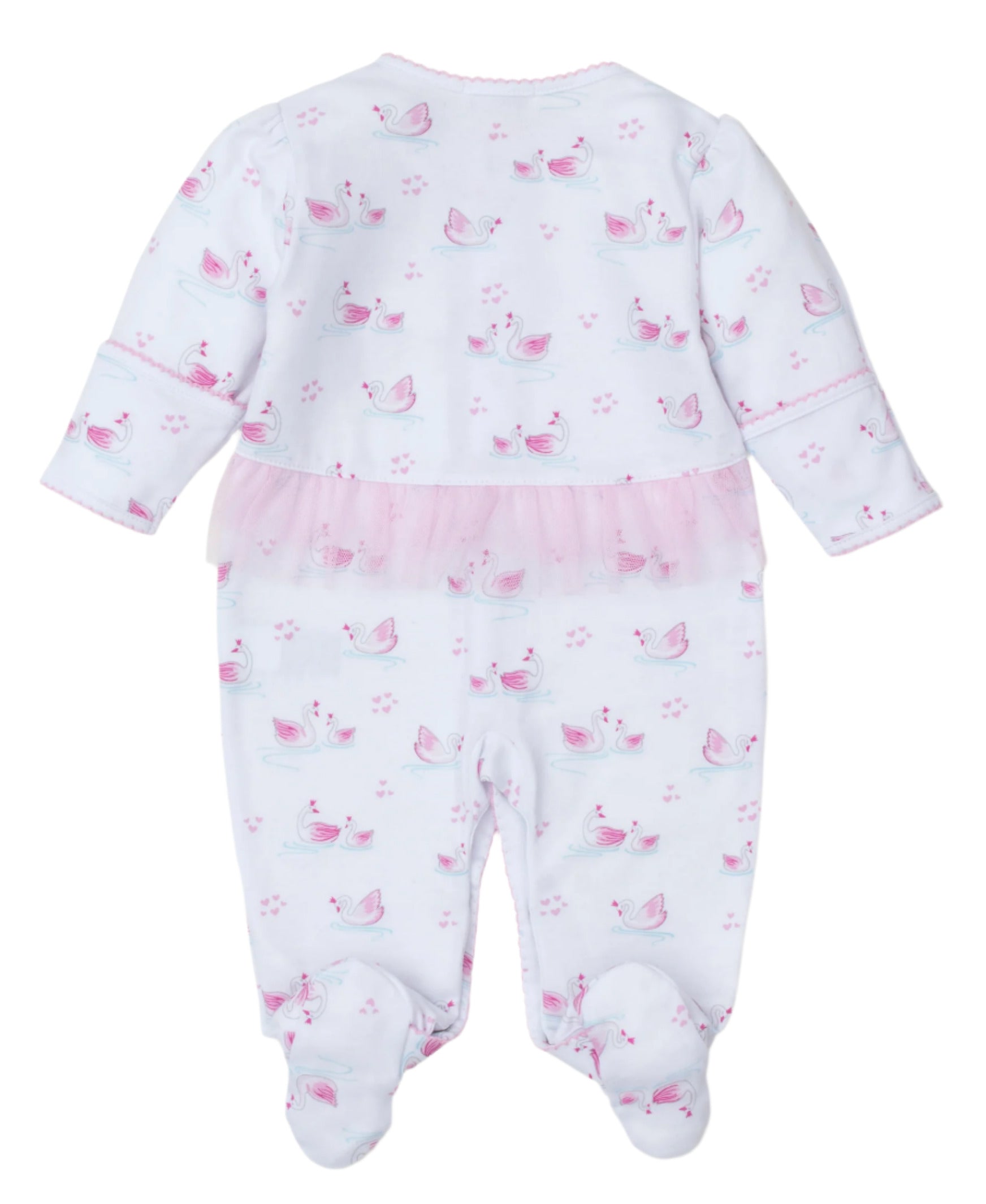 The Kissy Kissy Swan Sanctuary Footie is a white onesie made from soft Pima cotton, featuring a pink swan pattern, an attached tutu, and a cozy footie design.