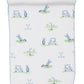 The Kissy Kissy Fairway Foursome Printed Burp Cloth features white Pima cotton with blue, green, and beige cartoon golf designs—including carts, clubs, flags, and golfers—along with a scalloped edge highlighted by light blue stitching. Ideal for Kissy Kissy fans or as a stylish golf burp cloth.