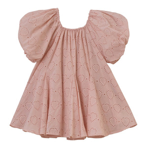 Introducing the Noralee Maia Dress, a charming pink outfit adorned with heart patterns and puffed sleeves. Crafted from heart eyelet fabric, its blush hue adds elegance to any occasion.