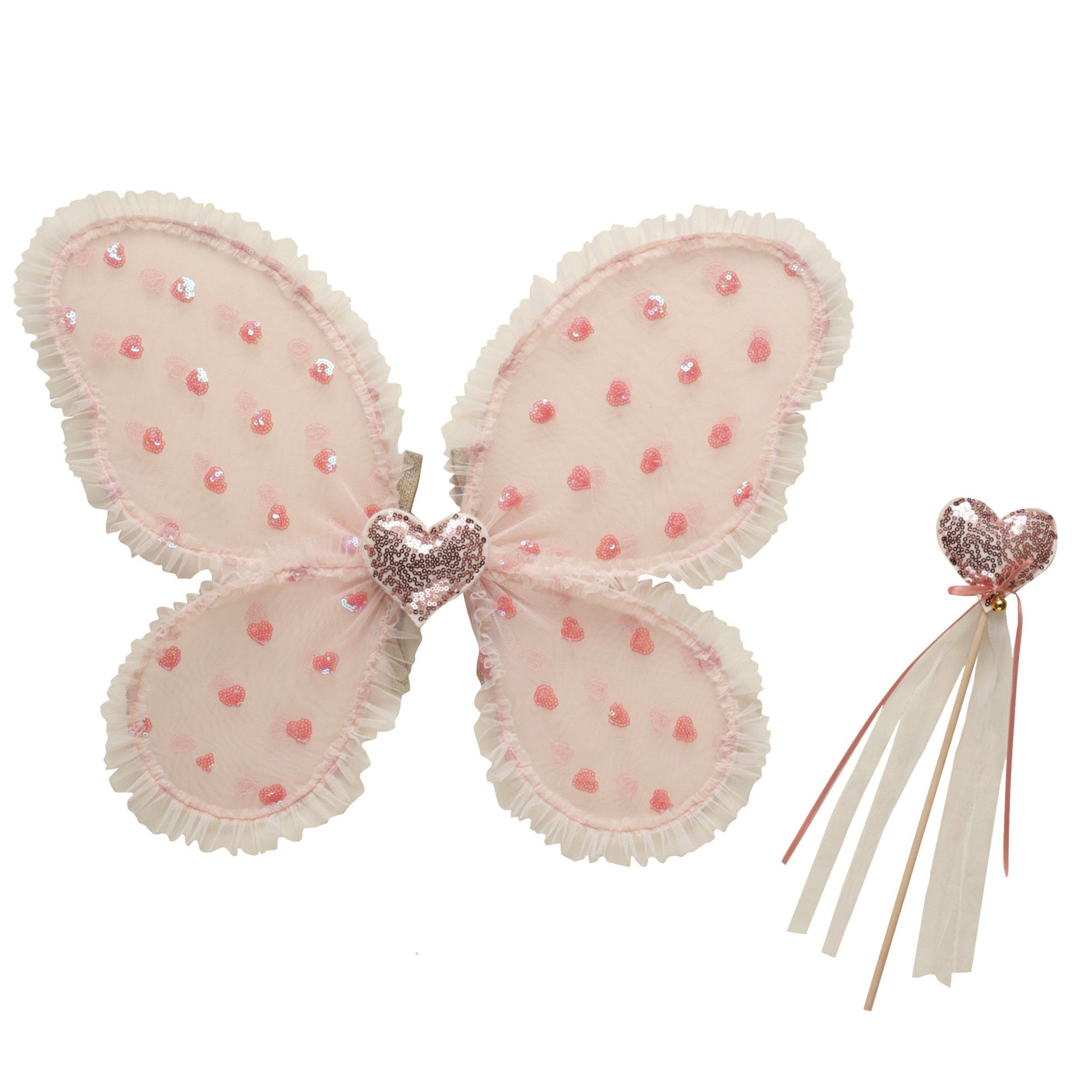 The Noralee Blush Hearts Fairy Set by Noralee features pink and white butterfly wings with sequin accents and a heart-shaped wand with ribbon streamers, ideal for dress-up fun or enhancing any costume collection.