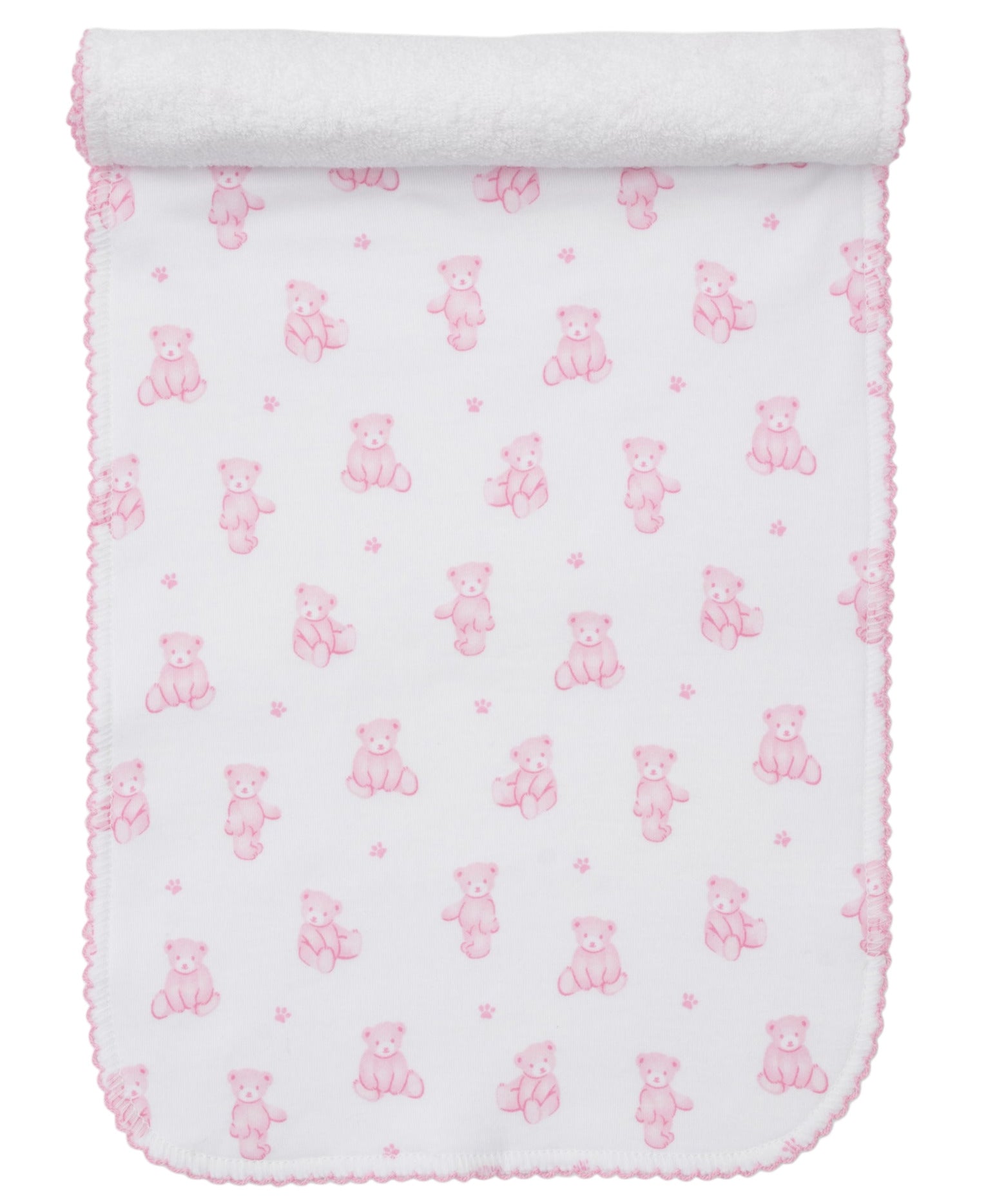 A white Pima cotton baby blanket with pink teddy bears, flowers, and pink scalloped trim, partially rolled at the top. Coordinates perfectly with Kissy Kissy’s Teddy Bear Time Burp Cloth for a charming matching set.