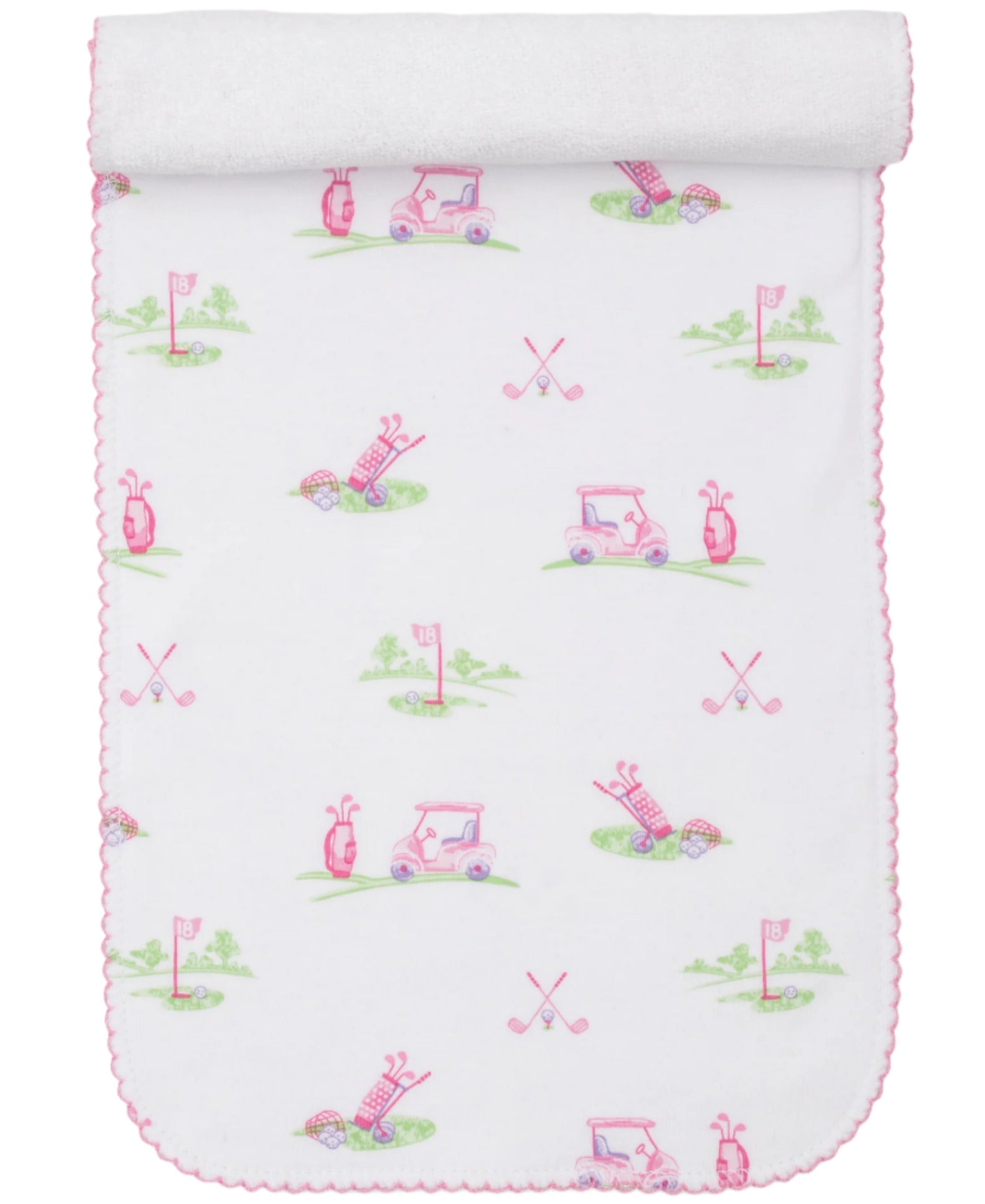 The Kissy Kissy Fairway Foursome Printed Burp Cloth, made from soft white Pima cotton, features charming pink scalloped edges and playful golf-themed patterns with golf carts, clubs, flags, and putting greens. Perfect for any little golf enthusiast.