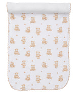A white Pima cotton baby blanket with light brown teddy bears, paw prints, scalloped edges, and a rolled top edge pairs perfectly with the Kissy Kissy Teddy Bear Time Burp Cloth.