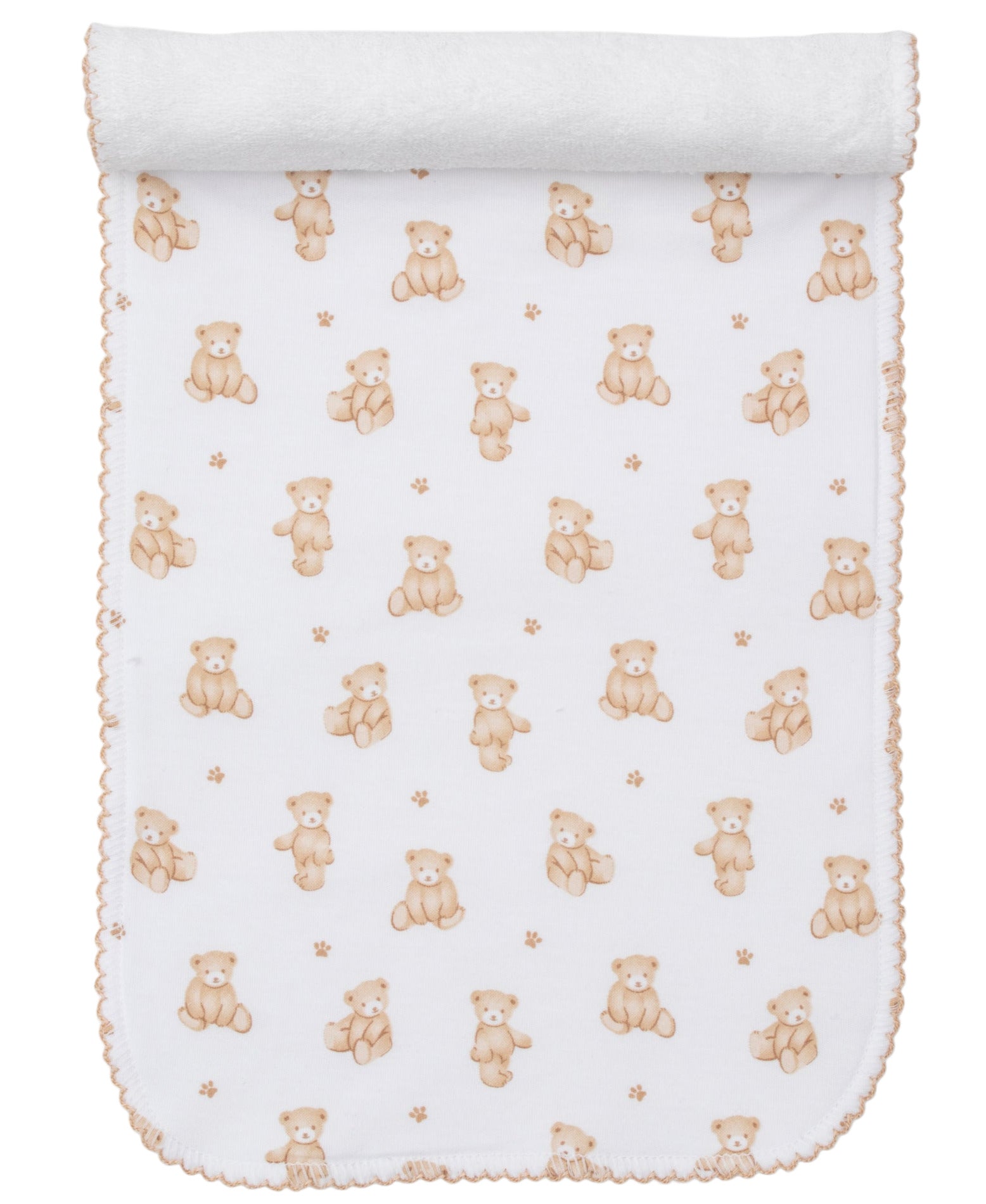 A white Pima cotton baby blanket with light brown teddy bears, paw prints, scalloped edges, and a rolled top edge pairs perfectly with the Kissy Kissy Teddy Bear Time Burp Cloth.