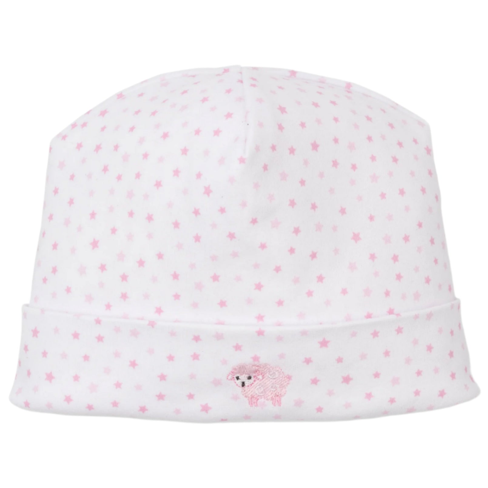 The Kissy Kissy Baby Baa Baa Baby Sheep Star Hat is a charming white hat crafted from soft Pima cotton, highlighted with pink stars and an embroidered pink sheep on the front.