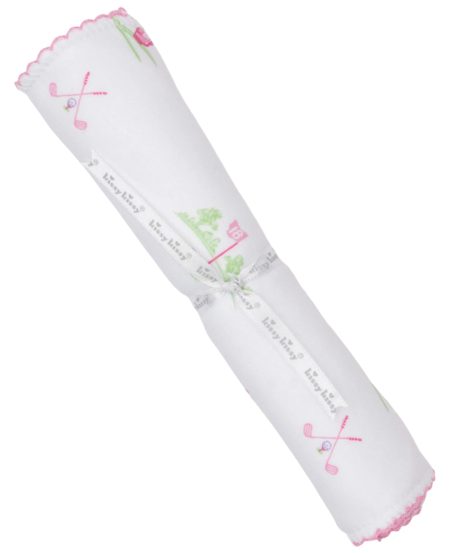 The Kissy Kissy Fairway Foursome Printed Burp Cloth is crafted from soft Pima cotton, featuring golf club designs and a pink-edged ribbon with playful "Kiss Kiss Hug Hug" text, ideal for any baby.