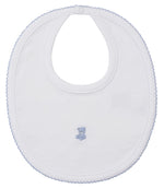 The Kissy Kissy Teddy Bear Time Bib with Hand Emb. features soft Pima cotton, light blue trim, and a hand-embroidered teddy bear—ideal for keeping your baby clean and stylish.