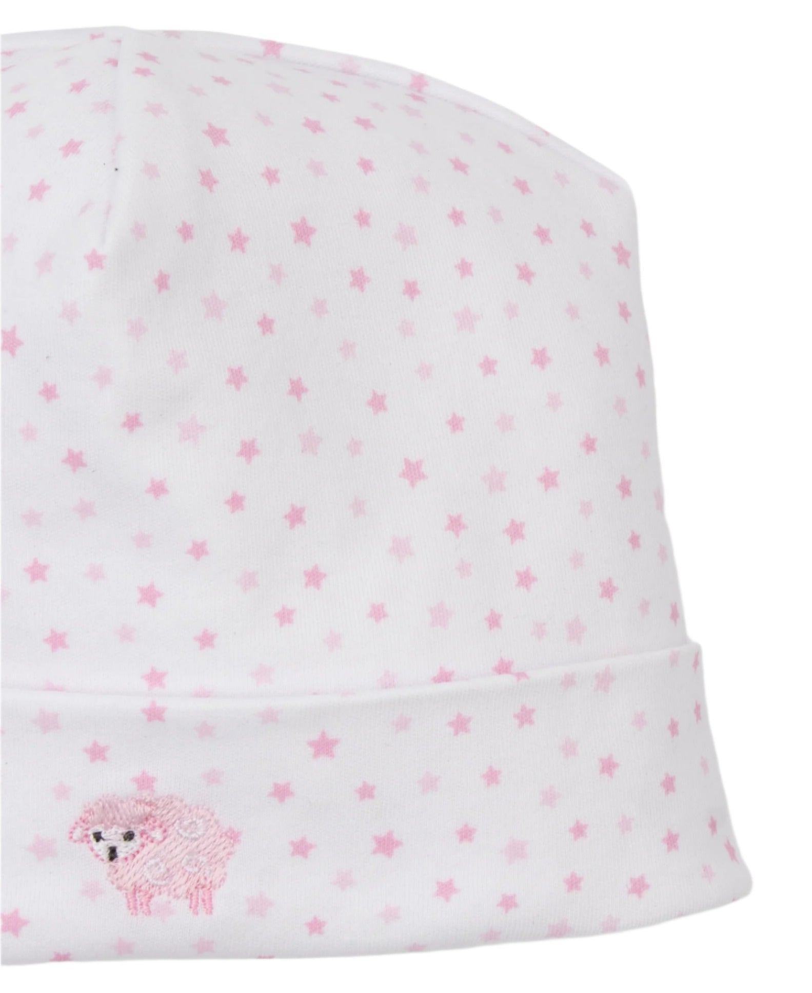 The Kissy Kissy Baby Baa Baa Baby Sheep Star Hat is a white baby hat made of soft Pima cotton, featuring pink stars and a small embroidered pink sheep.