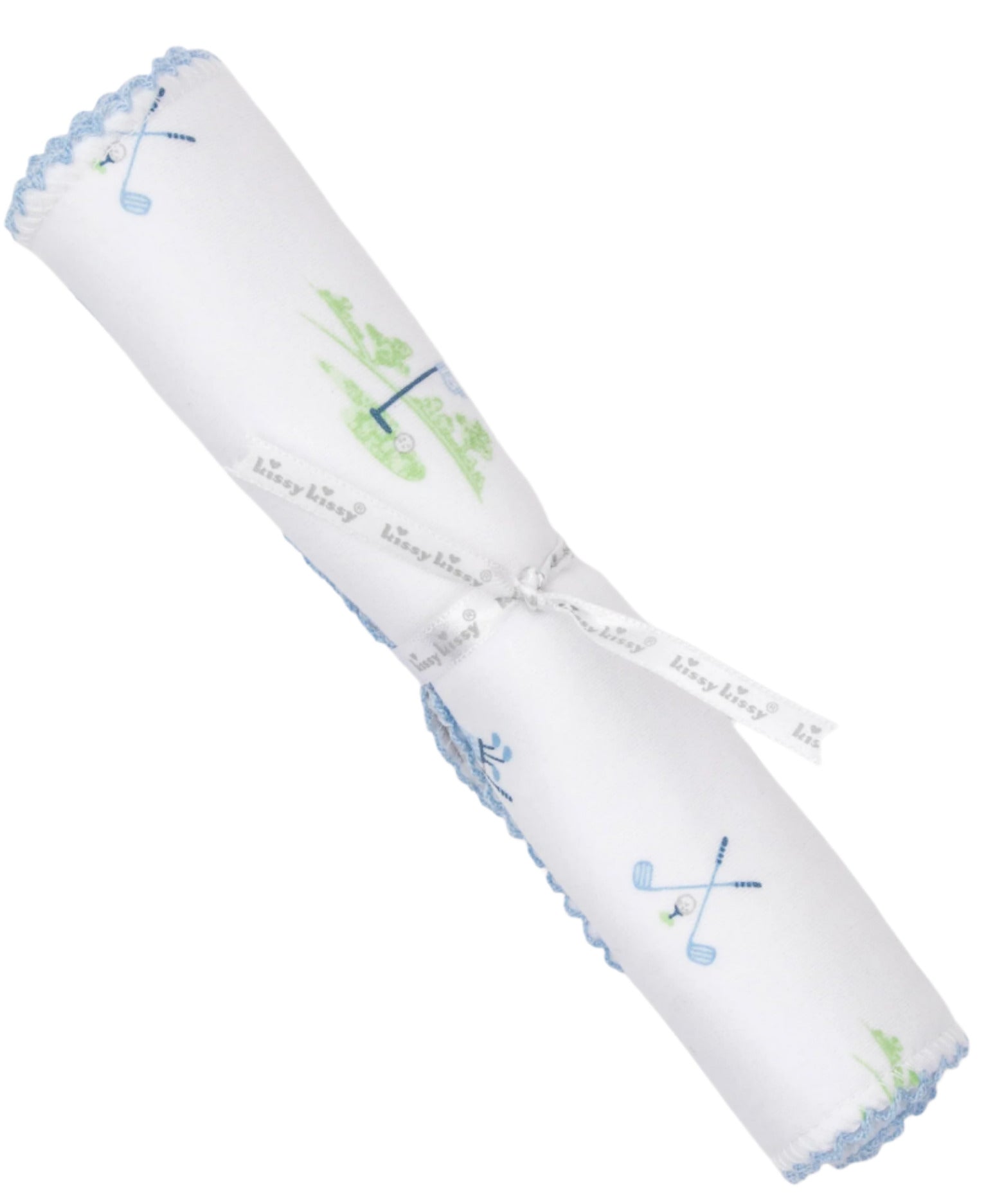 The Kissy Kissy Fairway Foursome Printed Burp Cloth is a soft Pima cotton blanket with light blue trim and charming golf prints, perfect as a baby golf burp cloth. It comes beautifully tied with a ribbon, making it an ideal gift.