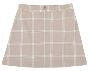 Girls’ Perrin Pocket Flannel Skirt by The Beaufort Bonnet Company in beige plaid with white and light gray stripes, featuring an elastic waistband, back zipper closure, and A-line silhouette, displayed laid flat on a white background.