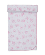 The Sweet Sheep Blanket by Kissy Kissy is crafted from white Pima cotton and features a delightful pink cartoon sheep and butterfly print. Folded at the top edge, it’s finished with delicate pink scalloped stitching along the border—making this soft, beautifully detailed blanket perfect for your little one.