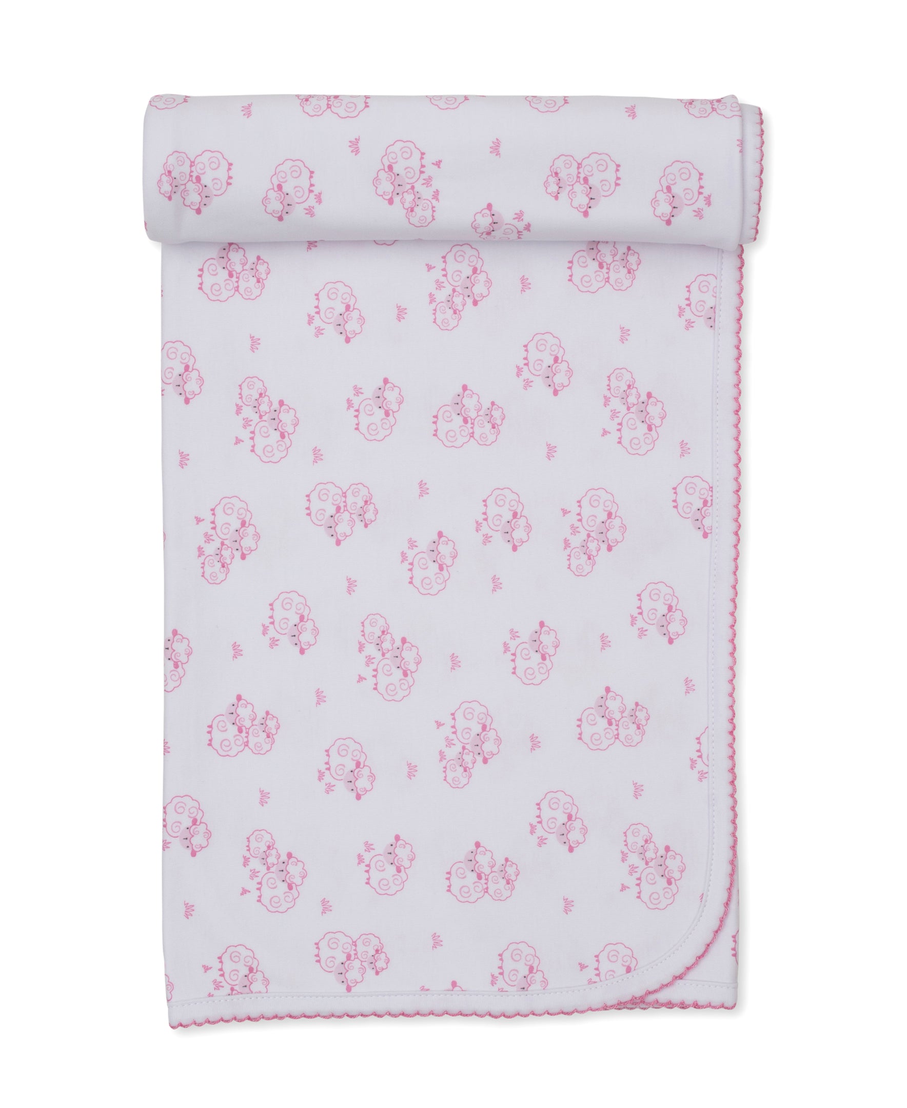 The Sweet Sheep Blanket by Kissy Kissy is crafted from white Pima cotton and features a delightful pink cartoon sheep and butterfly print. Folded at the top edge, it’s finished with delicate pink scalloped stitching along the border—making this soft, beautifully detailed blanket perfect for your little one.