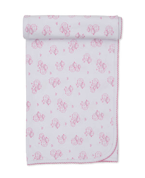 The Sweet Sheep Blanket by Kissy Kissy is crafted from white Pima cotton and features a delightful pink cartoon sheep and butterfly print. Folded at the top edge, it’s finished with delicate pink scalloped stitching along the border—making this soft, beautifully detailed blanket perfect for your little one.