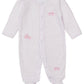 Kissy Kissy Baa Baa Baby Sheep Star Footie features white Pima cotton with pink polka dots, adorable baby sheep designs, long sleeves, and enclosed feet.