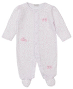 Kissy Kissy Baa Baa Baby Sheep Star Footie features white Pima cotton with pink polka dots, adorable baby sheep designs, long sleeves, and enclosed feet.