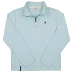 The Boys’ Prepletic Hayword Half Zip by The Beaufort Bonnet Company is a light blue, moisture-wicking pullover featuring a small bird logo on the left chest and a white zipper, shown laid flat on a white background.