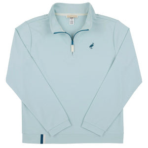 The Boys’ Prepletic Hayword Half Zip by The Beaufort Bonnet Company is a light blue, moisture-wicking pullover featuring a small bird logo on the left chest and a white zipper, shown laid flat on a white background.