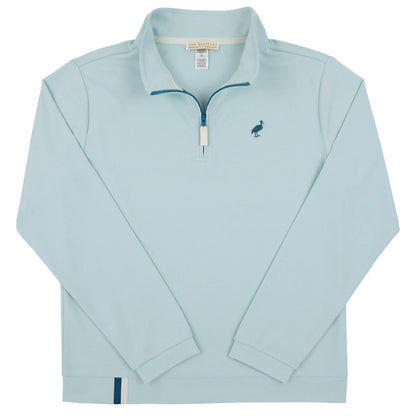 The Boys’ Prepletic Hayword Half Zip by The Beaufort Bonnet Company is a light blue, moisture-wicking pullover featuring a small bird logo on the left chest and a white zipper, shown laid flat on a white background.