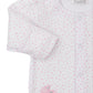 The Kissy Kissy Baa Baa Baby Sheep Star Footie is a white baby onesie made from soft Pima cotton with a pink star pattern, button closure, and an embroidered sheep design on the side.