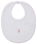 The Kissy Kissy Teddy Bear Time Bib with Hand Emb. is an adorable white Pima cotton bib with pink trim and a hand-embroidered teddy bear—perfect for your little one.