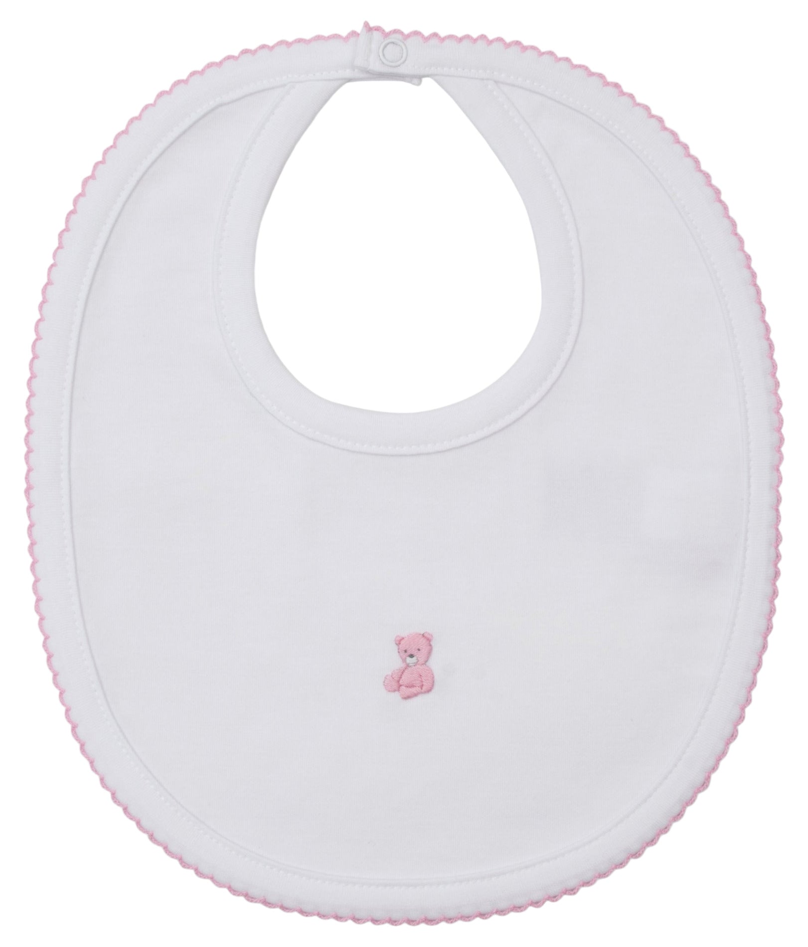 The Kissy Kissy Teddy Bear Time Bib with Hand Emb. is an adorable white Pima cotton bib with pink trim and a hand-embroidered teddy bear—perfect for your little one.
