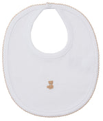 The Kissy Kissy Teddy Bear Time Bib with Hand Emb. is a white Pima cotton baby bib featuring beige trim and a hand-embroidered teddy bear in the center.