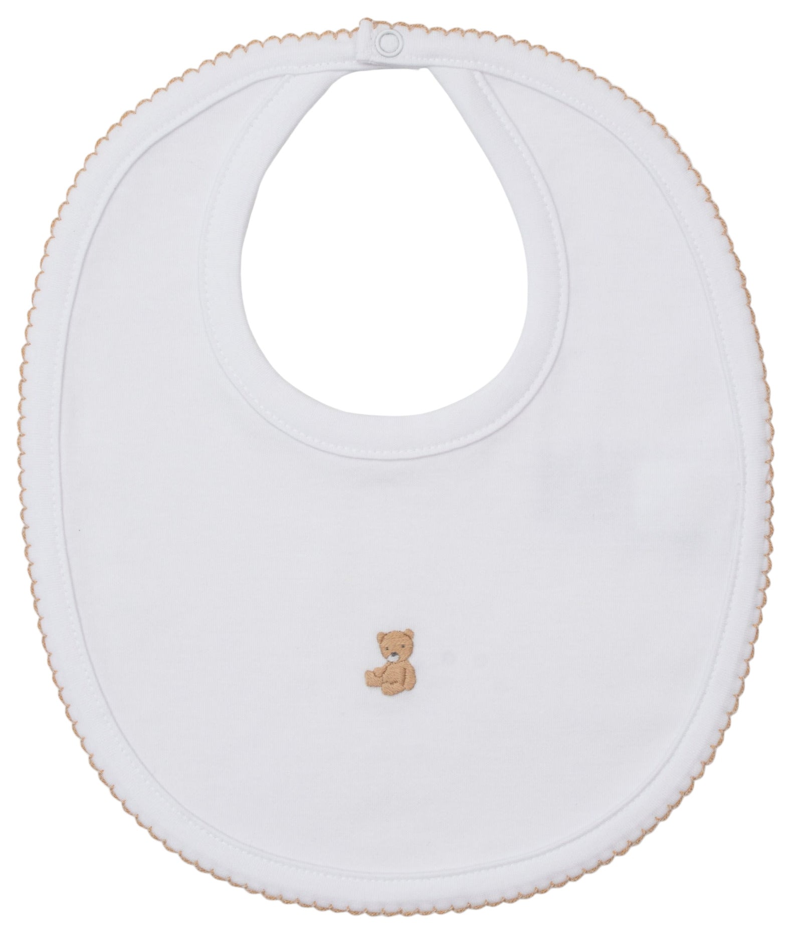 The Kissy Kissy Teddy Bear Time Bib with Hand Emb. is a white Pima cotton baby bib featuring beige trim and a hand-embroidered teddy bear in the center.
