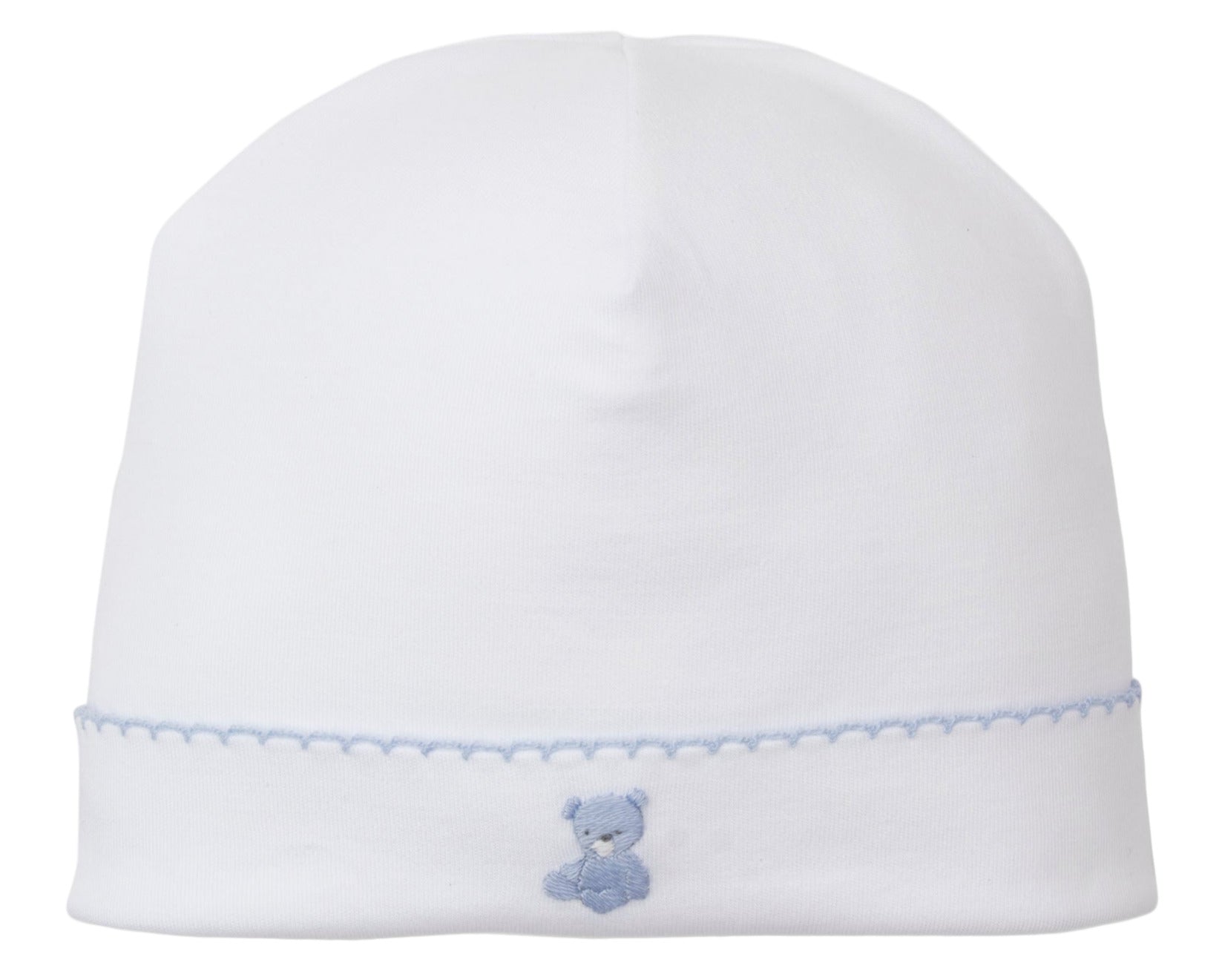 The Kissy Kissy Teddy Bear Time Hat with Hand Emb is a white Pima cotton baby hat with a blue hand-embroidered teddy bear and light blue stitched border, from our delightful Teddy Bear Collection.