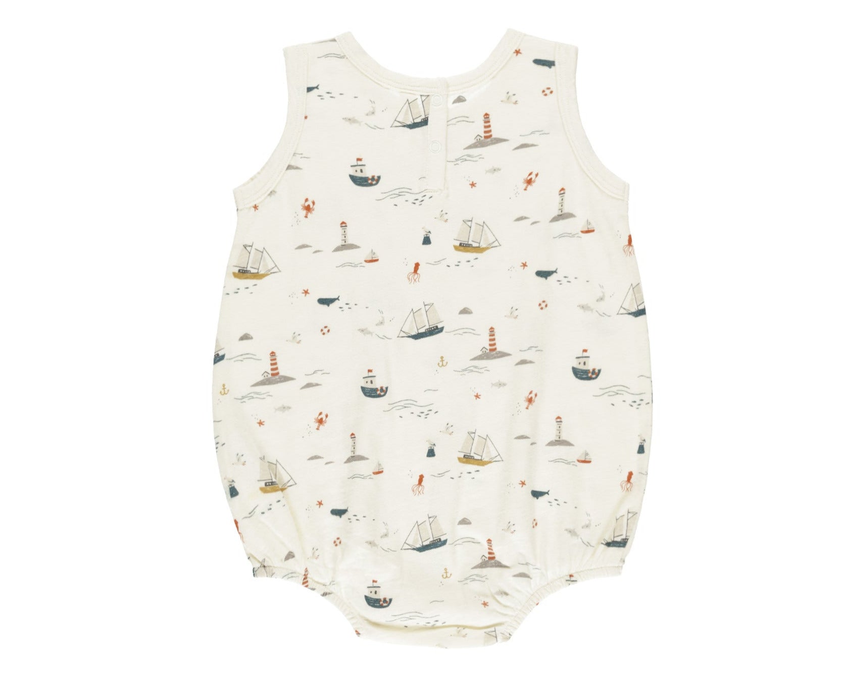 Rylee & Cru’s Baby Boys' Bubble Onesie features a sleeveless design in soft cotton jersey, elastic leg openings, and a nautical sailboat print on an off-white background.