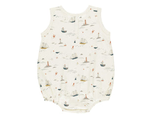 Rylee & Cru’s Baby Boys' Bubble Onesie features a sleeveless design in soft cotton jersey, elastic leg openings, and a nautical sailboat print on an off-white background.