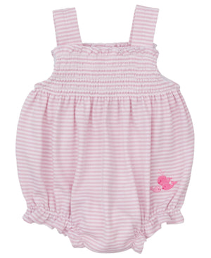 The Kissy Kissy Baby Girls' Whale Wonder Striped Bubble features light pink and white stripes, soft Pima cotton, ruffled shoulder straps, and a hand-embroidered whale on the lower right side.