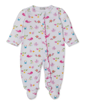 The Kissy Kissy Baby Girls' Ocean Antics Zip Ruffle Footie features colorful ocean-themed prints of pink crabs, sea turtles, and fish on a soft white Pima cotton fabric, and is designed with a convenient zipper closure and ruffle detailing.
