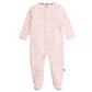 The Magnetic Me Baby' Heards of Feather Modal Footie features a light pink animal print, long sleeves, magnetic closures for easy changes, multicolored neckline trim, and is made from soft, sustainable modal fabric for extra comfort.