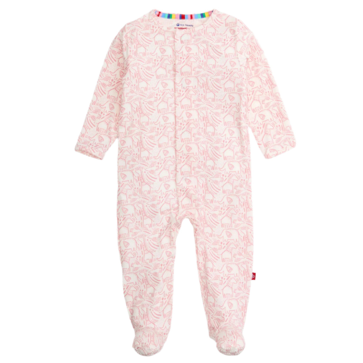 The Magnetic Me Baby' Heards of Feather Modal Footie features a light pink animal print, long sleeves, magnetic closures for easy changes, multicolored neckline trim, and is made from soft, sustainable modal fabric for extra comfort.
